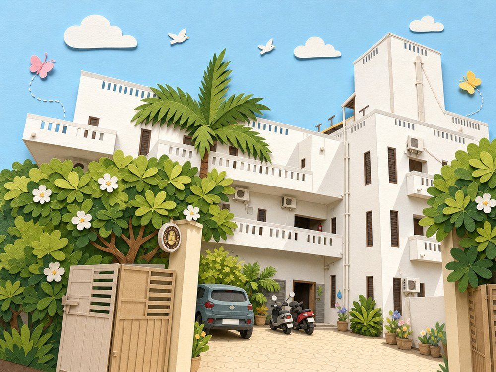 Illustrated rendering of Art Le Stay guesthouse, Auroville